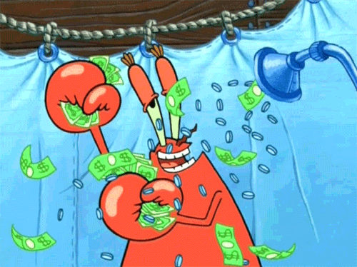 Don Cangrejo de Bob Esponja bañándose en dinero gracias a las nuevas formas de monetización de las transmisiones en vivo de los videojuegos en Instagram.- Blog Hola Telcel